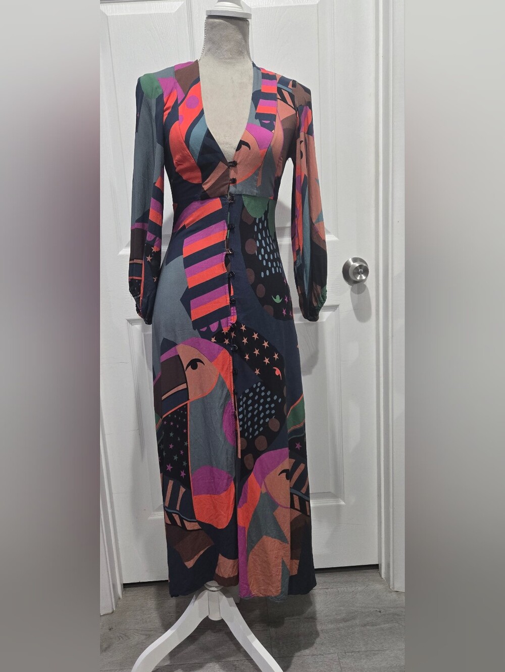FARM Rio Tuca Maroto Graphic Toucan Print Midi Dress Size Small - Picture 1 of 13